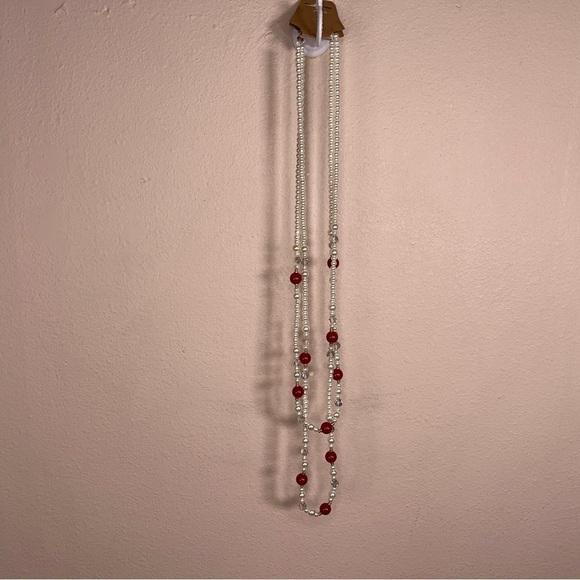 LAYERED BEADED NECKLACE RED IVORY WHITE 30” VINTAGE RETRO - Picture 4 of 9